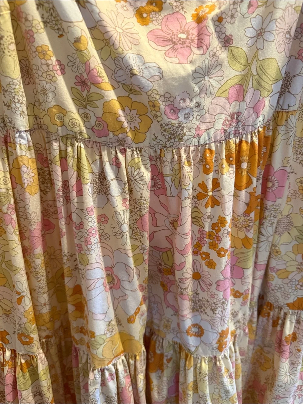 Free People Sunlit Floral Tiered Maxi Dress in Yellow & Pink. Size Medium